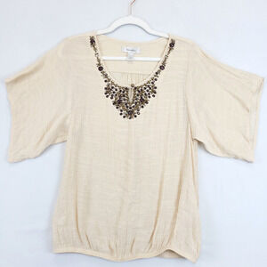 Dress Barn Brown Beaded Tan Blouse Gauzy V Neck Women S Boho Short Sleeve Beach